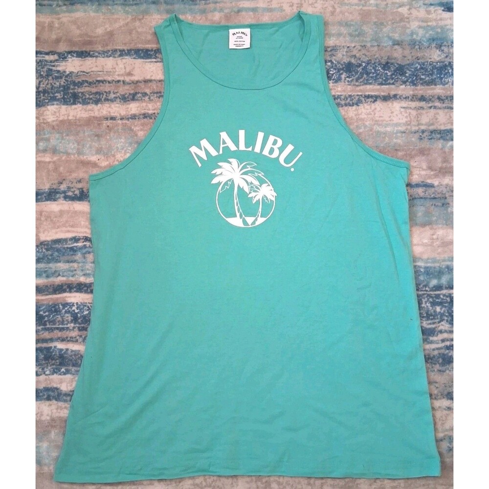 MALIBU RUM Tank Top XL Mens Aqua Blue New Promo Shirt Beachy Palm Trees